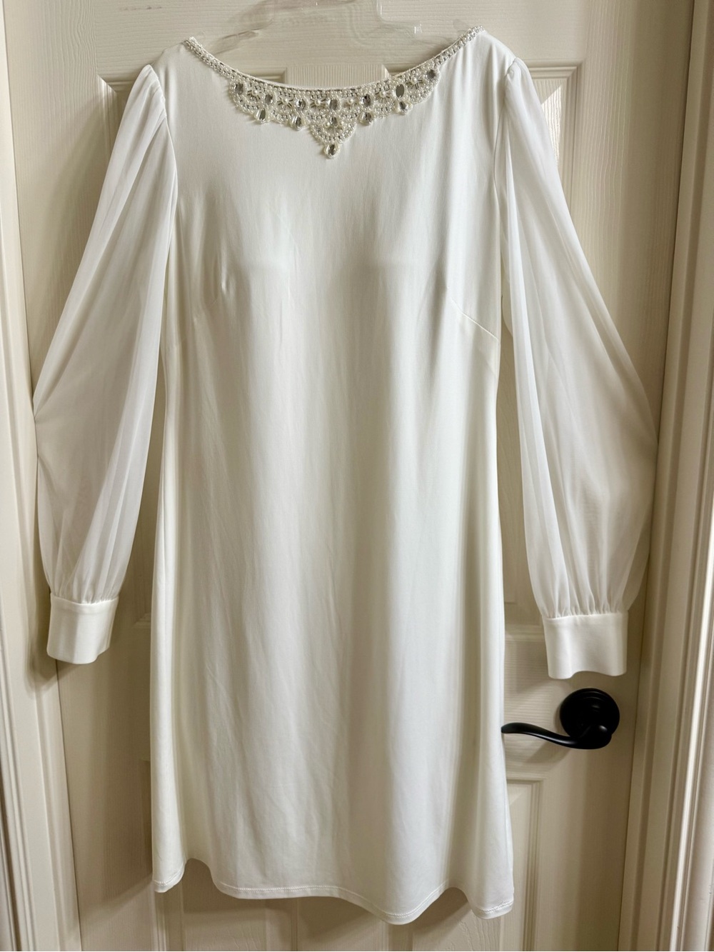 Eliza J White Long-Sleeve Shift Dress with Beaded Neckline